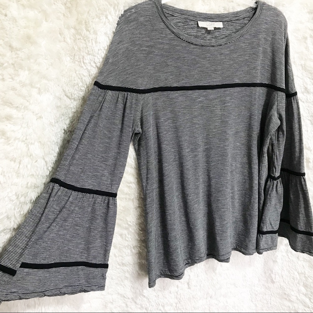 Loft Black and White Micro Striped Bell Sleeve Top